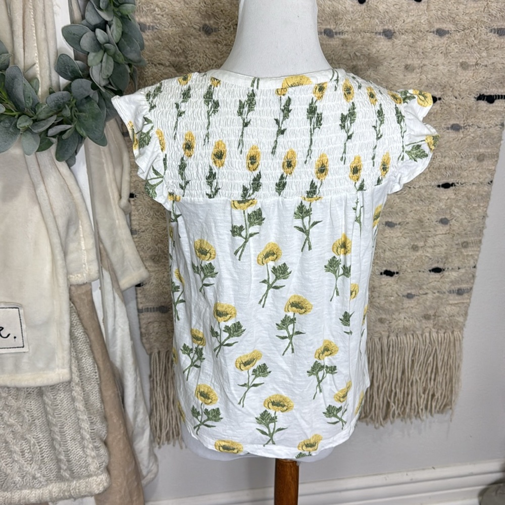 Lucky Brand Ruffled Cap Sleeve floral Blouse in White and Yellow size S - Picture 4 of 6